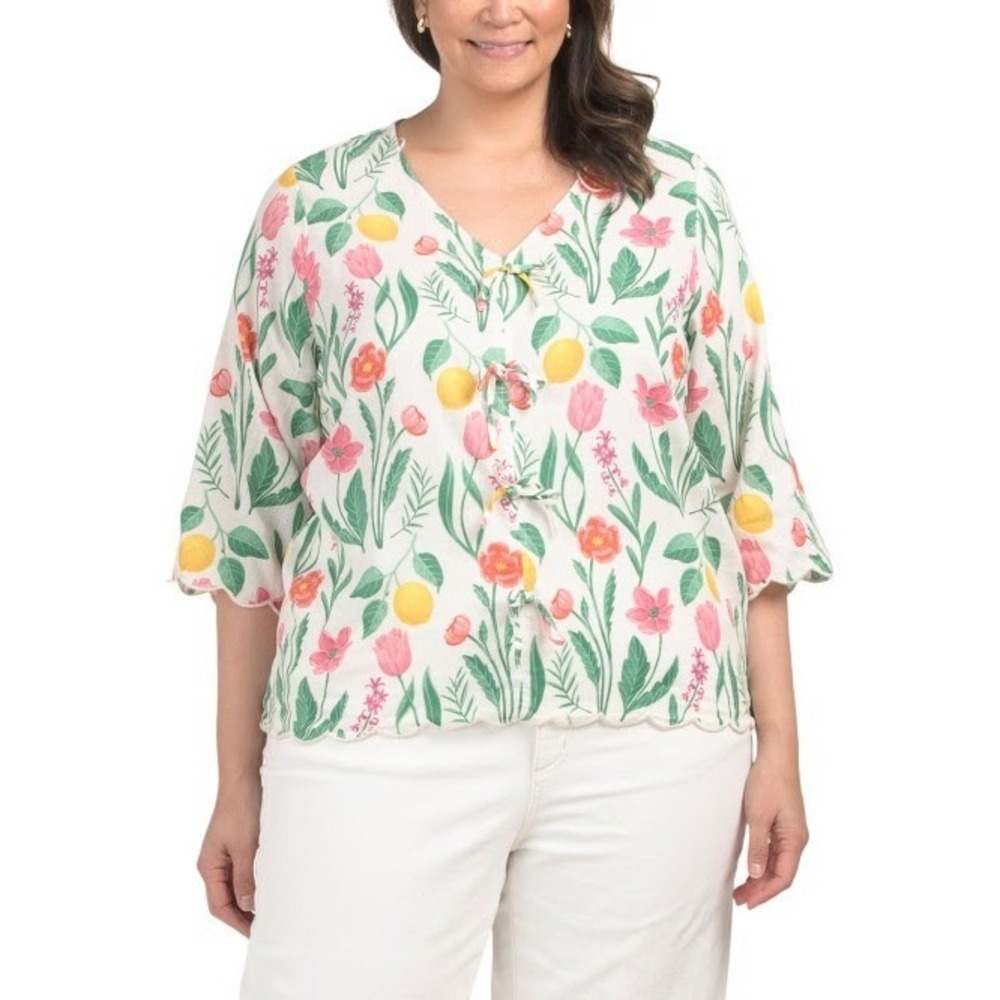 Rachel Zoe Floral Linen Blend Tie Front Blouse Size‎ 1X Peasant Boho Resort